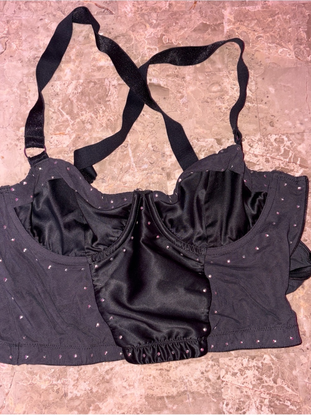 Black Satin-Look Bustier Top with Rhinestone Accents